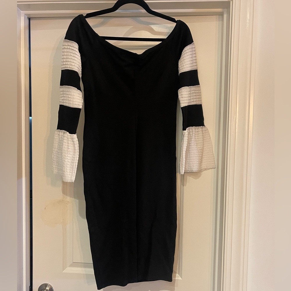 VENUS Black Dress with White Striped Sleeves - Picture 2 of 5